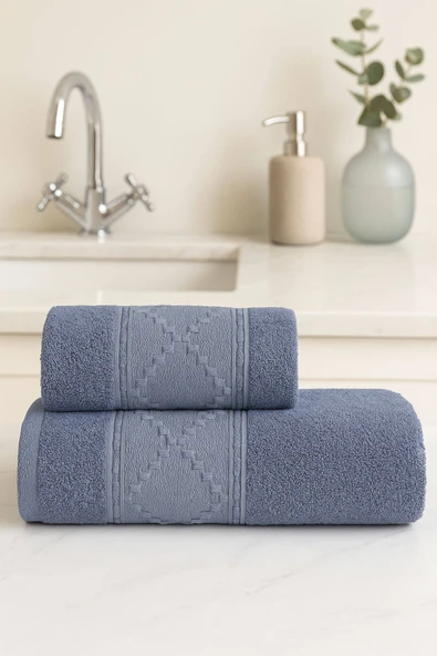 2 Parça Banyo Havlu Takımı %100 Pamuklu Duru Desen - 3