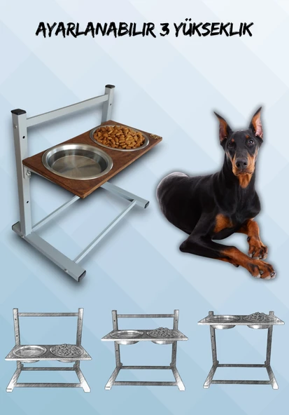 Büyük ve Orta Boy Köpekler İçin Ayarlanabilir 3 Yükseklikli Paslanmaz Çelik Mama ve Su Kabı Standı ürün görseli 1