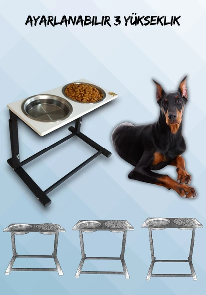 Büyük ve Orta Boy Köpekler İçin Ayarlanabilir 3 Yükseklikli Paslanmaz Çelik Mama ve Su Kabı Standı - 1