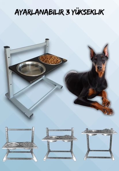 Büyük ve Orta Boy Köpekler İçin Ayarlanabilir 3 Yükseklikli Paslanmaz Çelik Mama ve Su Kabı Standı ürün görseli