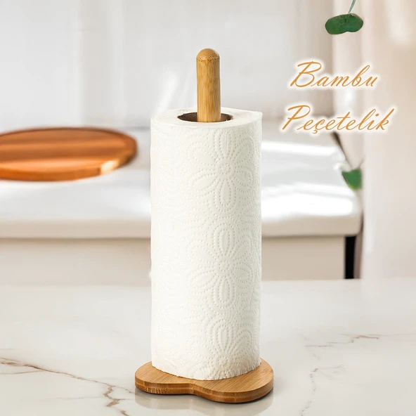 Porsima BLD-187 Bambu Kağıt Havluluk Kalpli Dekoratif Peçetelik Kağıt Havlu Standı Ahşap Kağıt Havluluk
