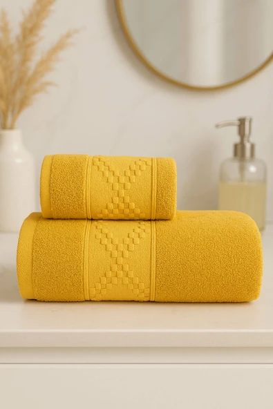 2 Parça Banyo Havlu Takımı %100 Pamuklu Duru Desen - 6