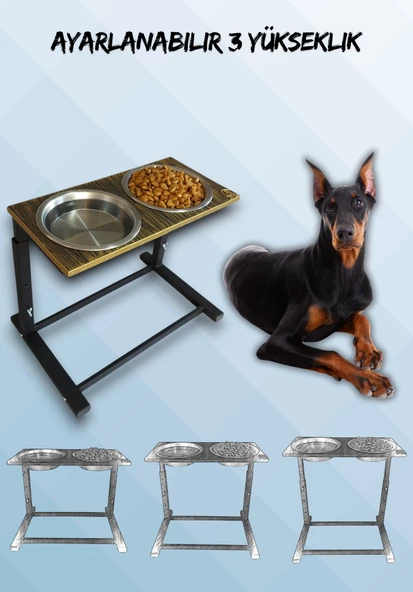 Büyük ve Orta Boy Köpekler İçin Ayarlanabilir 3 Yükseklikli Paslanmaz Çelik Mama ve Su Kabı Standı ürün görseli 1