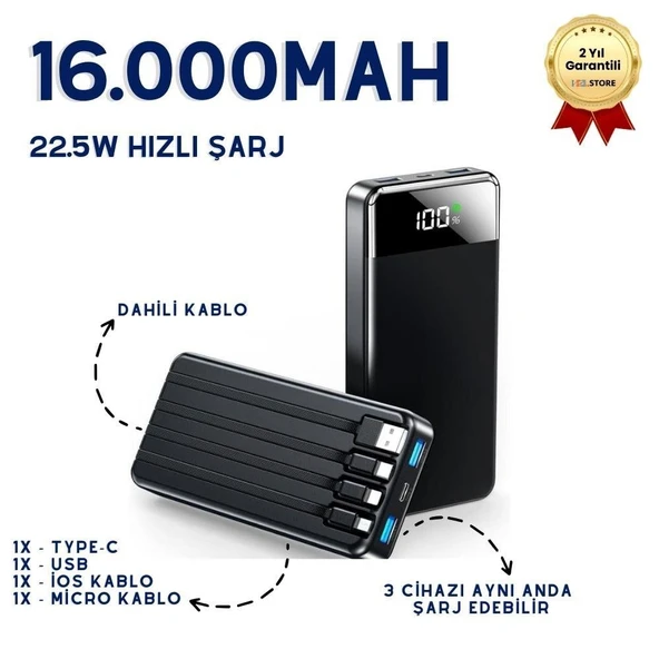 16.000mAh Dijital Göstergeli Dahili Çoklu Kablolu Taşınabilir 22.5W Hızlı Şarjlı Powerbank 6 Cihazı Aynı Anda Şarj Edebilir  Type-C Hızlı Şarj ürün görseli 1