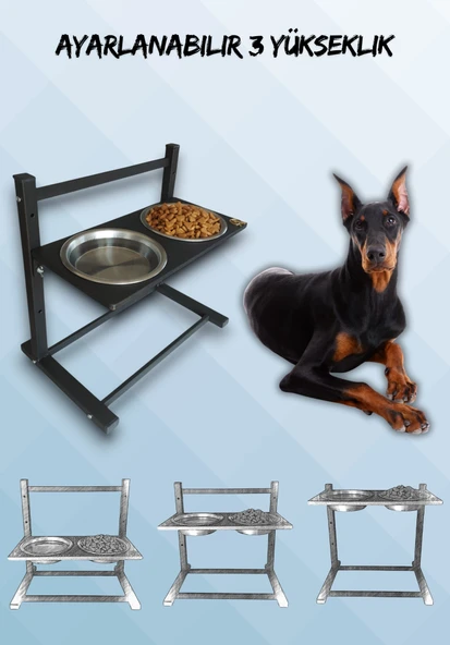 Büyük ve Orta Boy Köpekler İçin Ayarlanabilir 3 Yükseklikli Paslanmaz Çelik Mama ve Su Kabı Standı ürün görseli