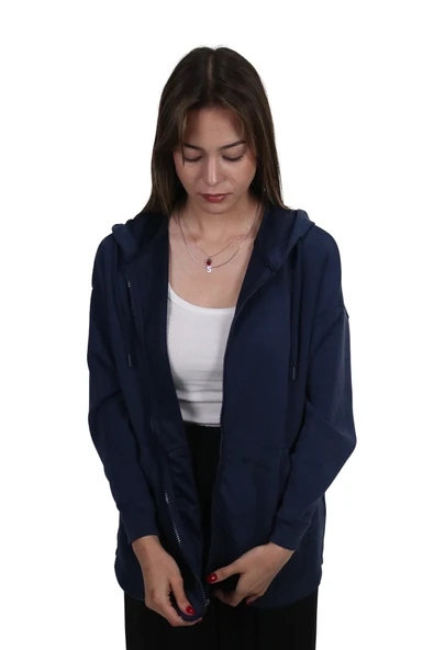 Kadın Modal Kumaş Yumuşak Dokulu Fermuarlı  Rahat Kalıp Lacivert Kapüşonlu Ceket Hırka - 4