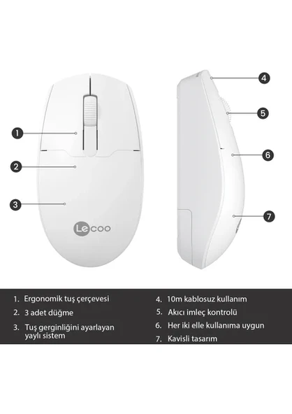 Lenovo Lecoo WS204 Beyaz Ergonomik Optik Kablosuz Mouse - 3