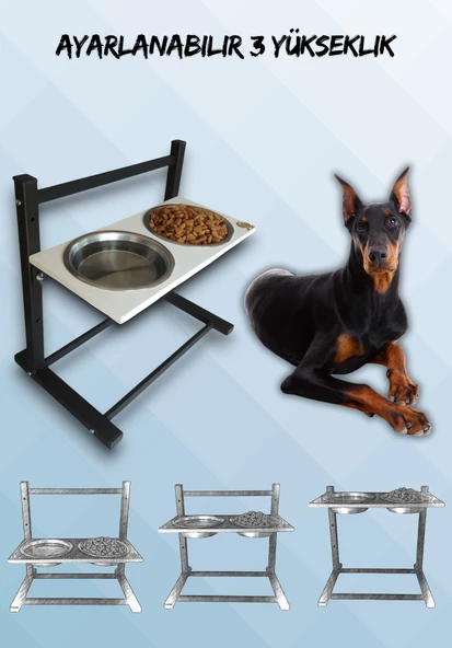 Büyük ve Orta Boy Köpekler İçin Ayarlanabilir 3 Yükseklikli Paslanmaz Çelik Mama ve Su Kabı Standı - 1