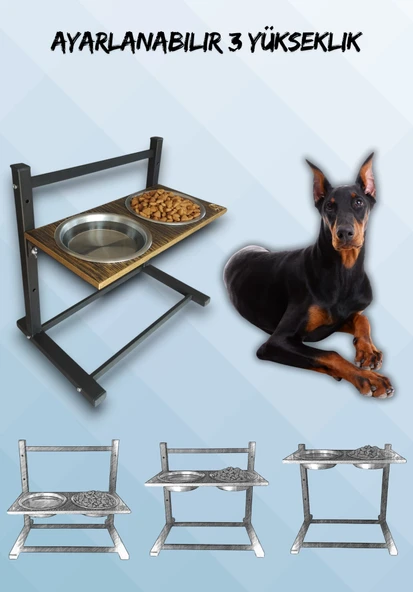 Büyük ve Orta Boy Köpekler İçin Ayarlanabilir 3 Yükseklikli Paslanmaz Çelik Mama ve Su Kabı Standı ürün görseli 1