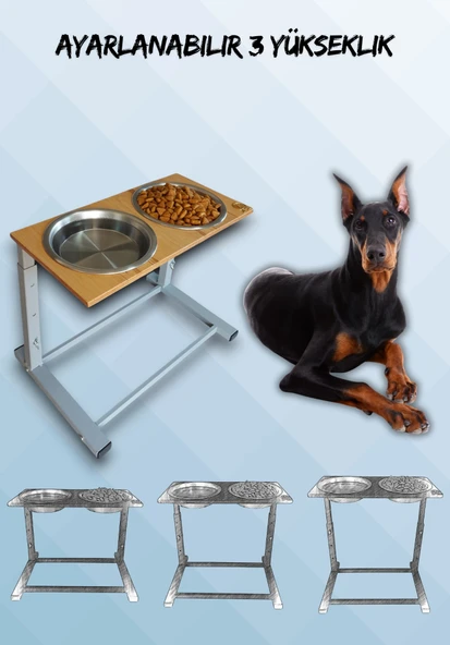 Büyük ve Orta Boy Köpekler İçin Ayarlanabilir 3 Yükseklikli Paslanmaz Çelik Mama ve Su Kabı Standı ürün görseli