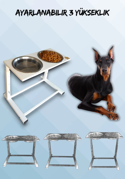 Büyük ve Orta Boy Köpekler İçin Ayarlanabilir 3 Yükseklikli Paslanmaz Çelik Mama ve Su Kabı Standı ürün görseli