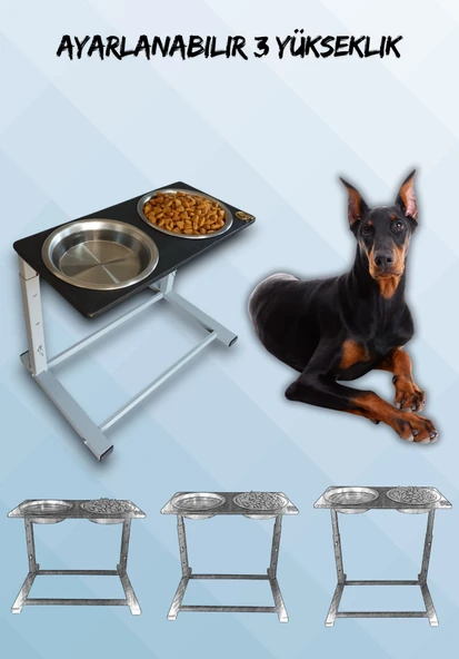 Büyük ve Orta Boy Köpekler İçin Ayarlanabilir 3 Yükseklikli Paslanmaz Çelik Mama ve Su Kabı Standı ürün görseli