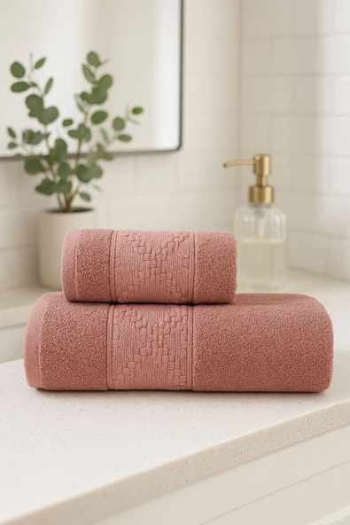 2 Parça Banyo Havlu Takımı %100 Pamuklu Duru Desen - 9