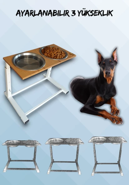 Büyük ve Orta Boy Köpekler İçin Ayarlanabilir 3 Yükseklikli Paslanmaz Çelik Mama ve Su Kabı Standı ürün görseli