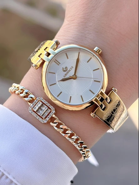 Revello Altın Kaplama Kararma Renk Atma Yapmaz 3Atm Su Geçirmez+Bileklik Lady Wristwatch GRC.101.M1
