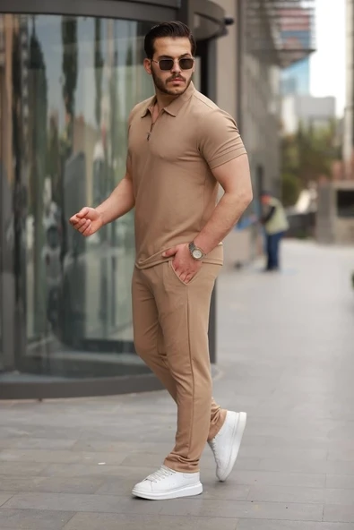 Erkek Yakalı Fermuarlı T-shirt Pantolon Ikili Rahat Takım - 2