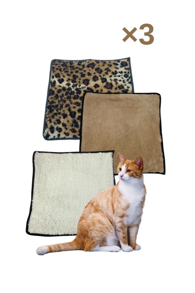3 Adet Yumuşak Dokulu Peluş Kedi Halısı 40x40 cm Kulübe İçi Pofuduk Minder