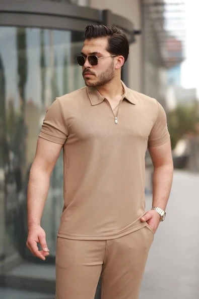 Erkek Yakalı Fermuarlı T-shirt Pantolon Ikili Rahat Takım - 3