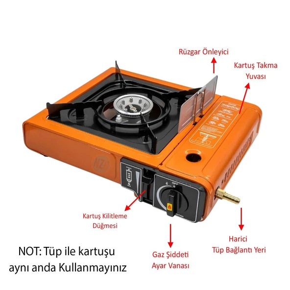Portatif Kamp Ocağı Taşınabilir Tek Gözlü Turuncu 3 Adet Kartuşlu Tüp Bağlantılı Gezi Piknik Ocak - 2