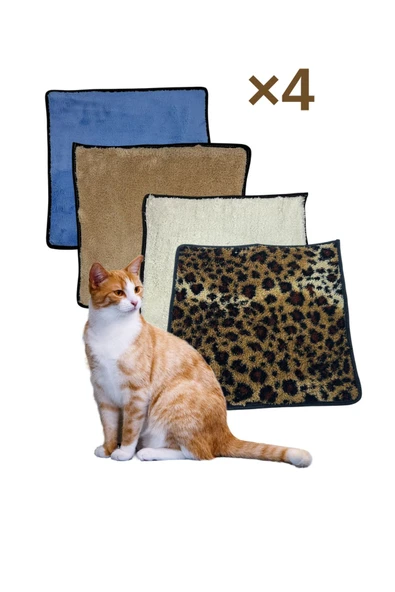 4 Adet Yumuşak Dokulu Peluş Kedi Halısı 40x40 cm Kulübe İçi Pofuduk Minder