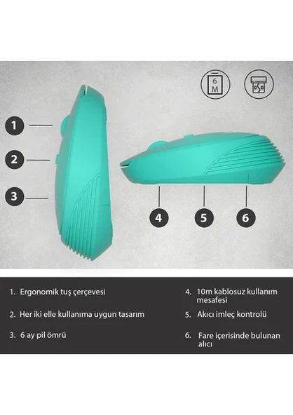 Lenovo Lecoo WS202 Turkuaz Ergonomik Optik Kablosuz Mouse - 3