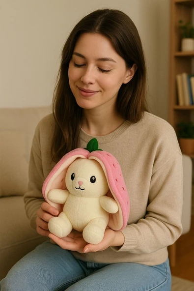 Sevimli Çilek Tavşan Peluş Çantalı Hediyelik 50 cm Oyuncak - 4