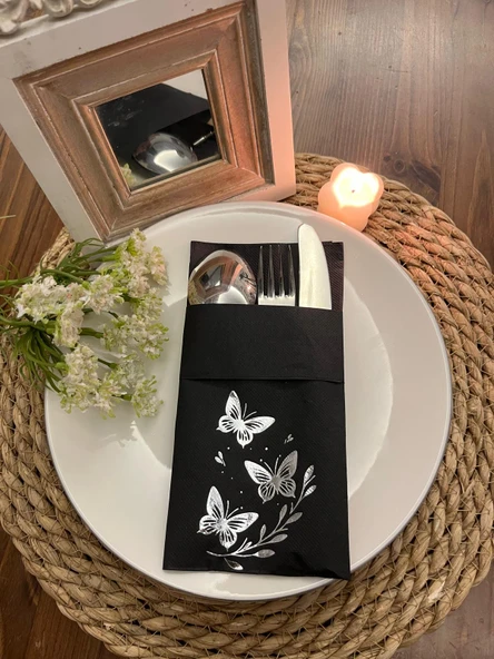 Gümüş Yaldızlı Siyah Kelebek Yaprak Detaylı Cepli Kanguru Peçete 12 Adet ürün görseli 1