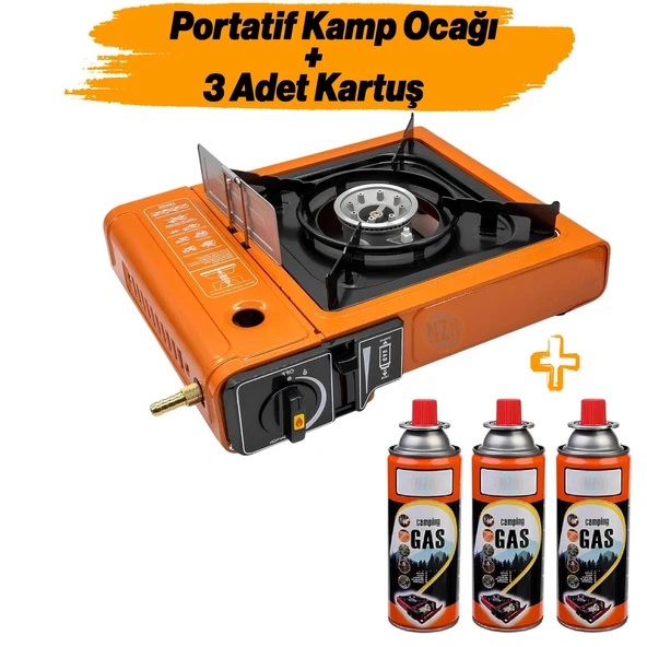 Portatif Kamp Ocağı Taşınabilir Tek Gözlü Turuncu 3 Adet Kartuşlu Tüp Bağlantılı Gezi Piknik Ocak