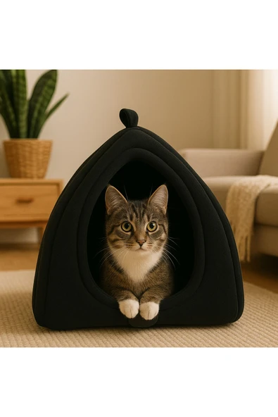 Kedi Mağarası Siyah Polar Kedi ve Köpek Yatağı Yumuşak ve Sıcak Evcil Hayvan Yatak Minderi