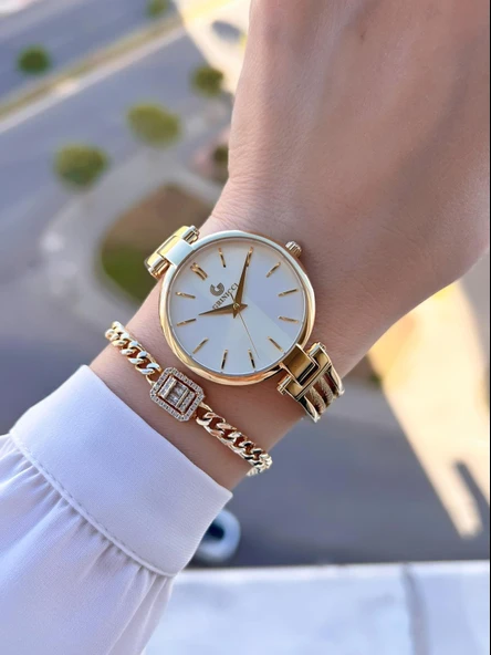 Revello Altın Kaplama Kararma Renk Atma Yapmaz 3Atm Su Geçirmez+Bileklik Lady Wristwatch GRC.101.M4 - 2