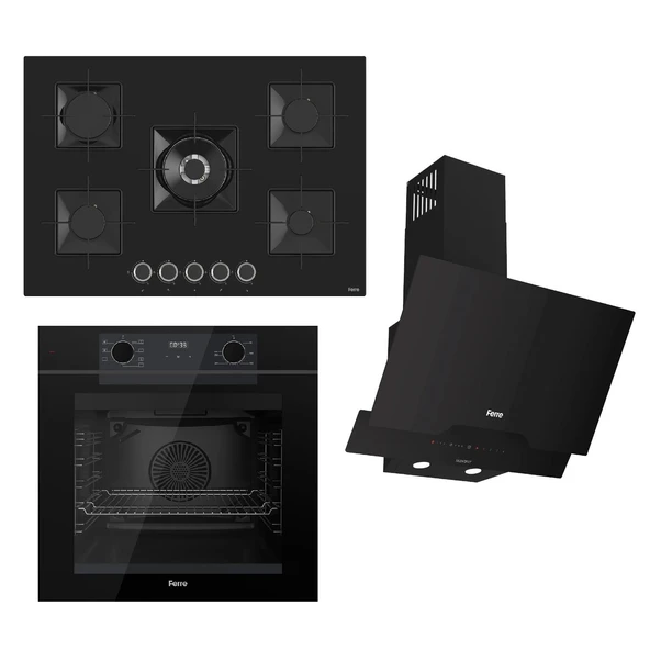 Ferre FRYART-SILENTART Serisi Siyah Set (SS035 + QEP63CS +D063-SA ) - Emaye Izgara-75 Cm Ocak