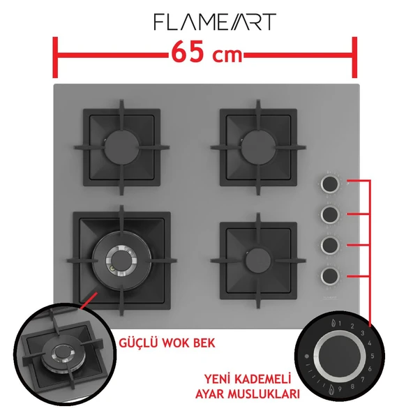 Ferre FRYART Serisi Gri Set (SC408-WFA + QEP63CPR +D079 ) - Döküm Izgara / 65 cm Ocak - Resim 3