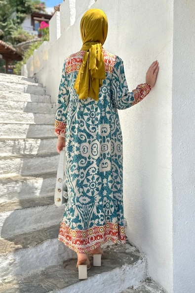 Sophia Kadın Turkuaz Trend Rahat Günlük Yaka Bağlama Detaylı Viscon Elbise SOPHIA-7518 - 6