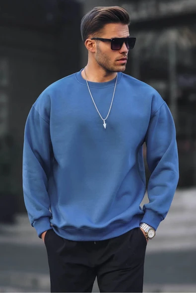 Madmext İndigo Bisiklet Yaka Oversize Şardonlu Basic Erkek Sweatshirt 6048