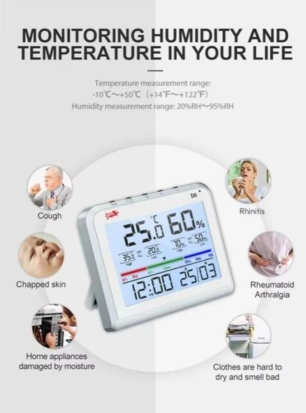 LİFE NET Dijital Isı ve Nem Ölçme Termometre Saat & Tarihli Renkli Ekran - Resim 3