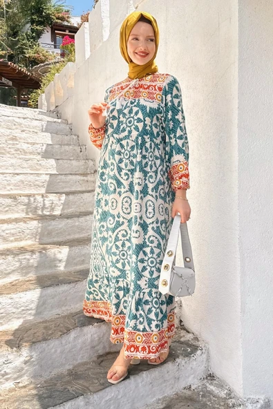 Sophia Kadın Turkuaz Trend Rahat Günlük Yaka Bağlama Detaylı Viscon Elbise SOPHIA-7518 - 2