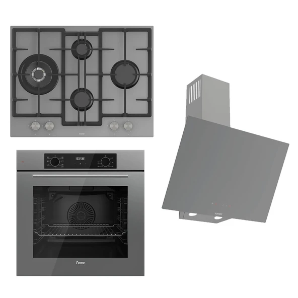 Ferre FLOWART-SILENTART Serisi Gri Set (ED078 + QBL63CPR +D079-SA ) - Döküm Izgara / 67 cm Ocak
