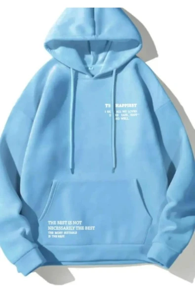 Unisex Bebe Mavi Happiest Baskılı Oversize Kapşonlu Sweatshirt