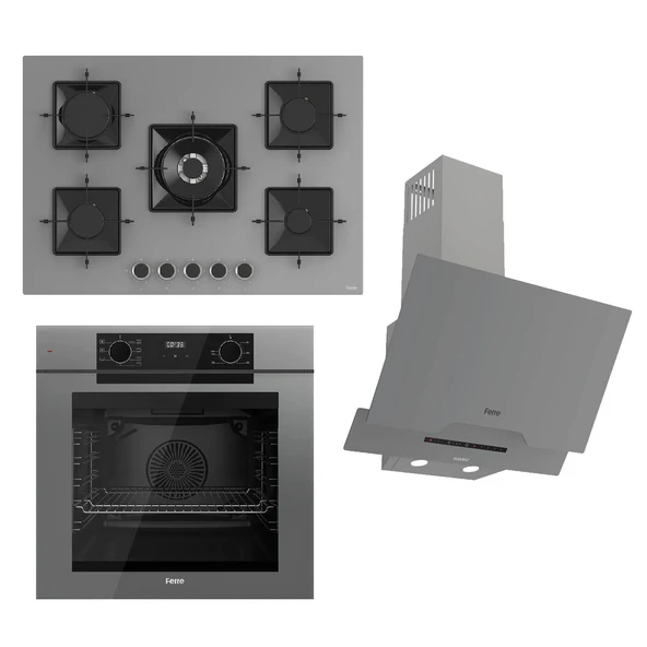 Ferre FRYART-SILENTART Serisi Gri Set (SS038 + QEP63CPR +D065-SA ) - Emaye Izgara / 75 cm Ocak ürün görseli 1