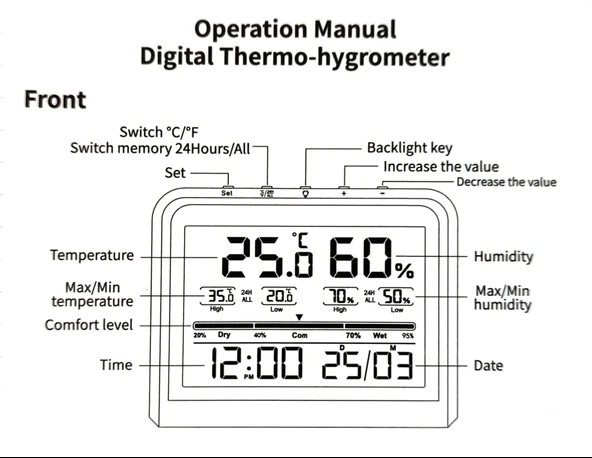 LİFE NET Dijital Isı ve Nem Ölçme Termometre Saat & Tarihli Renkli Ekran - Resim 5