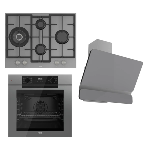 Ferre FRYART Serisi Gri Set (ED078 + QEP63CPR +D082 ) - Döküm Izgara / 67 cm Ocak