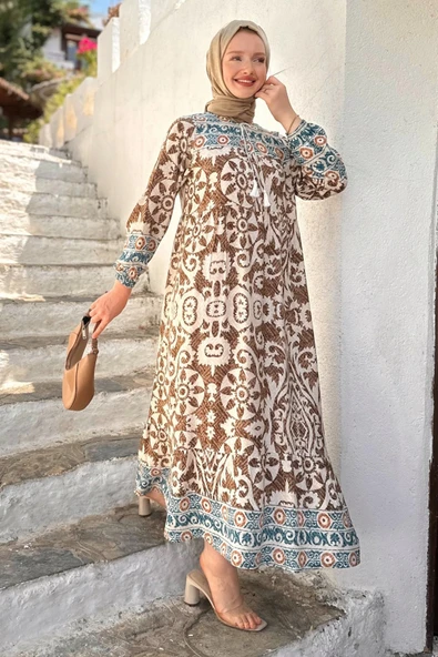 Sophia Kadın Kahverengi Trend Rahat Günlük Yaka Bağlama Detaylı Viscon Elbise SOPHIA-7518 - 2