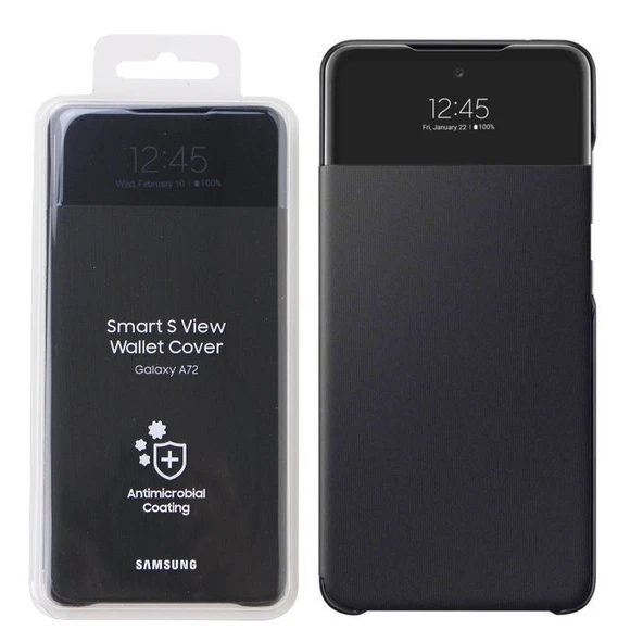 OUTLET Samsung Galaxy A72 Smart S View Wallet Cover Kılıf Siyah (Antimicrobial Coating) OUTLET
