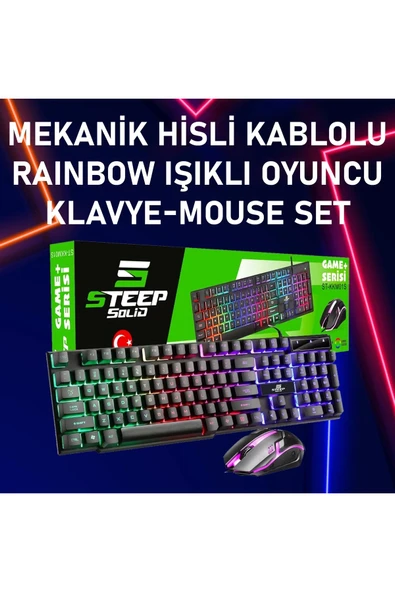 Steep Solid St-kkm01s Mekanik Hisli Kablolu Rainbow Işıklı Oyuncu Klavye - Mouse Set - 2