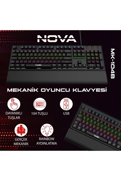 Node Game Nova Nd-mk-104br Rainbow Aydınlatmalı Oyuncu Gamer Gerçek Mekanik Işıklı Klavye Türkçe Q (