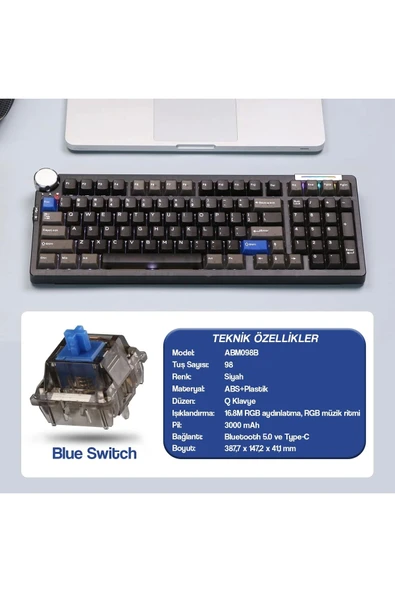 CIDOO Abm098 Esports Rgb Mekanik 3 Mode Kablosuz Klavye (SİYAH)