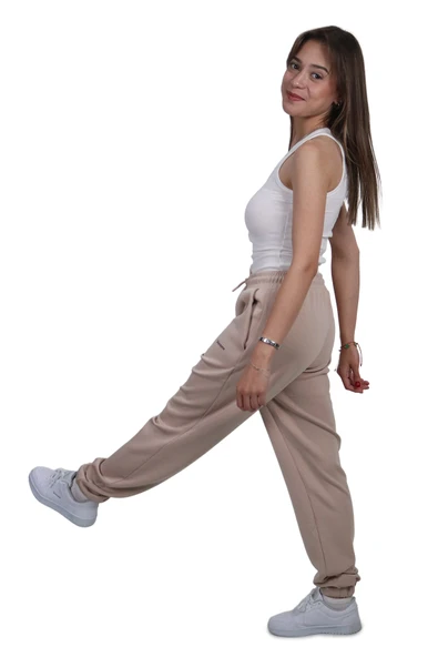 Kadın Modal Kumaş Lastikli Paça Bej Jogger Pantolon - 4