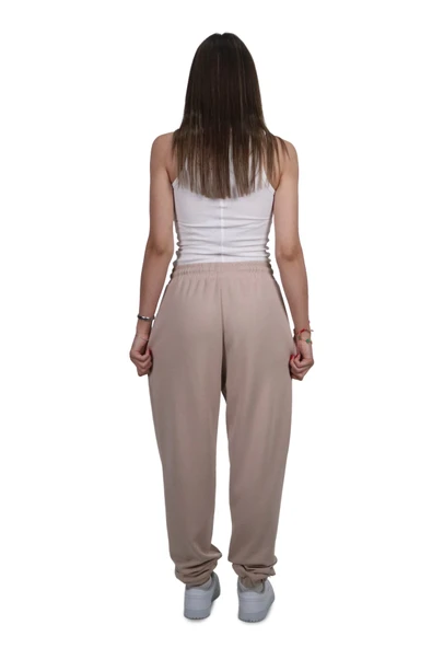 Kadın Modal Kumaş Lastikli Paça Bej Jogger Pantolon - 5