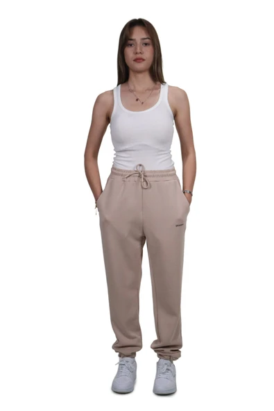 Kadın Modal Kumaş Lastikli Paça Bej Jogger Pantolon - 2