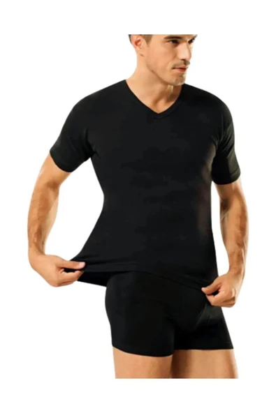 Güryıldız Underwear Güryıldız 12'li Siyah Ribana V Yaka K.kollu Fanila 24005